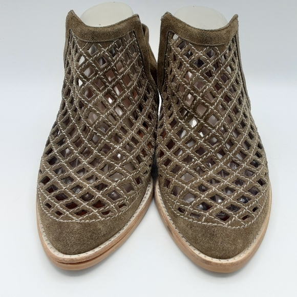 Jeffrey Campbell Taggart Olive Green Suede Cutout Stacked Heel Booties. - Picture 9 of 16